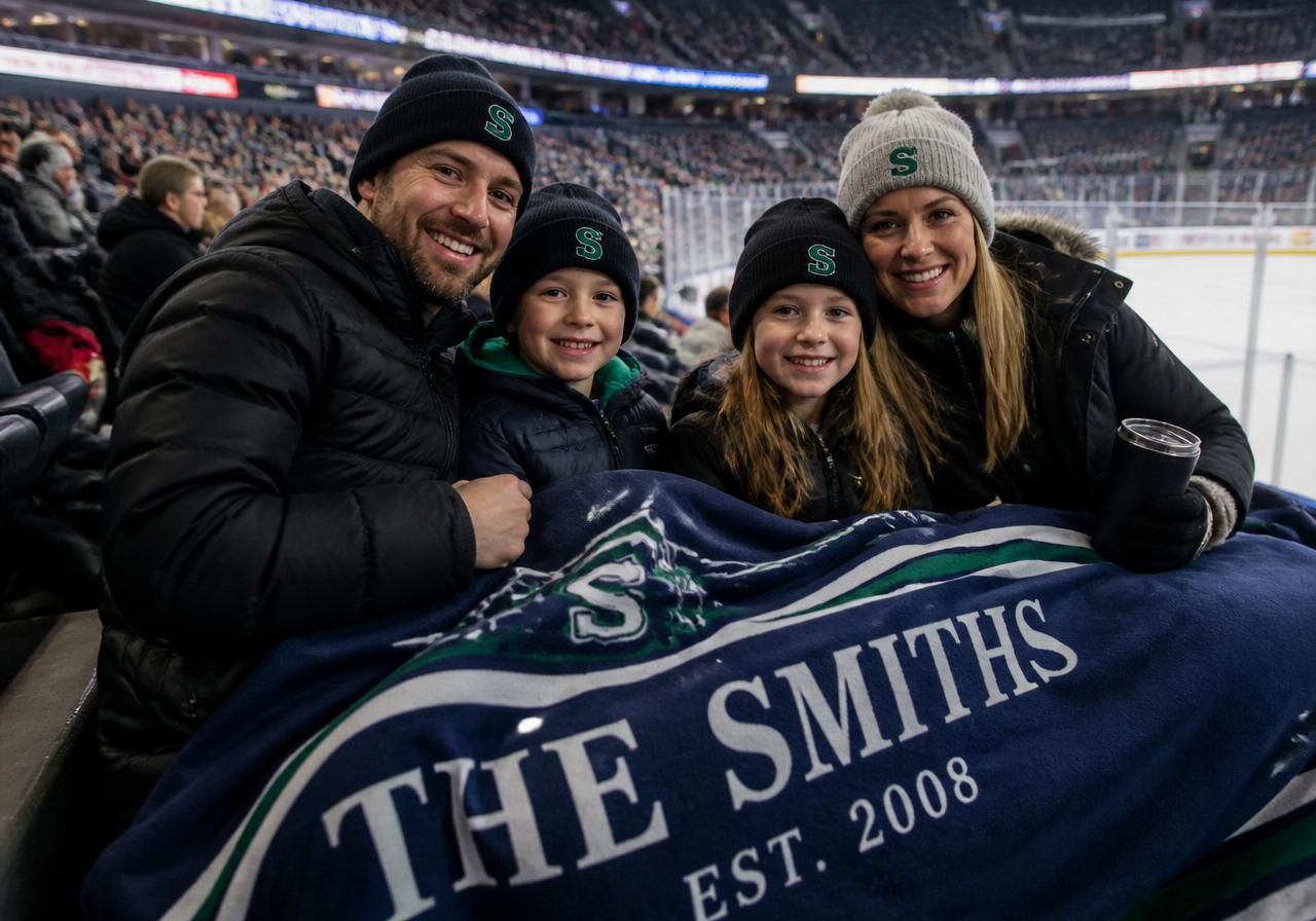 Family in the stands wrapped in a custom stadium blanket at a hockey game